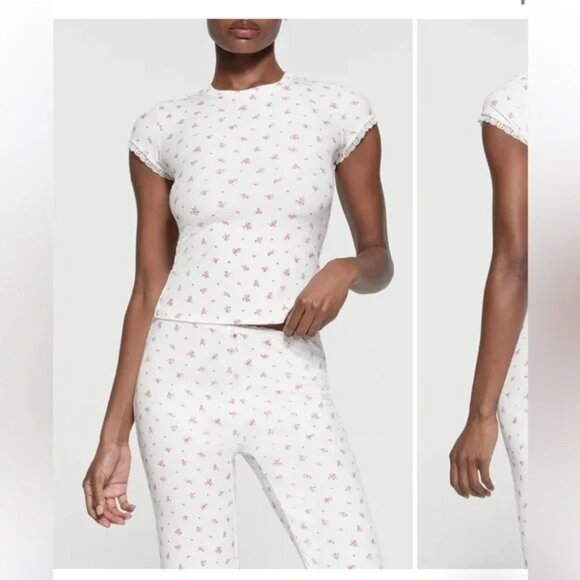 Skims Soft Lounge Lace T-shirt Neon Orchid Rose Print Ribbed Short Sleeve Rose - Picture 7 of 7